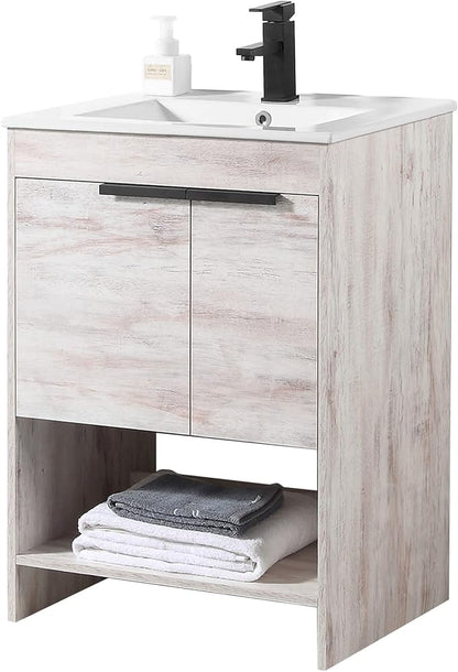 Phoenix 24 Inch Bathroom Vanity with Sink – Modern Design, Soft-Close Doors, Storage Drawers, Durable Build – Rustic White for Small Bathrooms (Full Assembly Required)