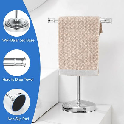 RUMOSE Polished Chrome Hand Towel Holder Stand Countertop Towel Rack | 13 Inch Bathroom Kitchen Vanity T-Shape Towel Stand Free Standing Stainless Steel Towel Bar Towel Ring