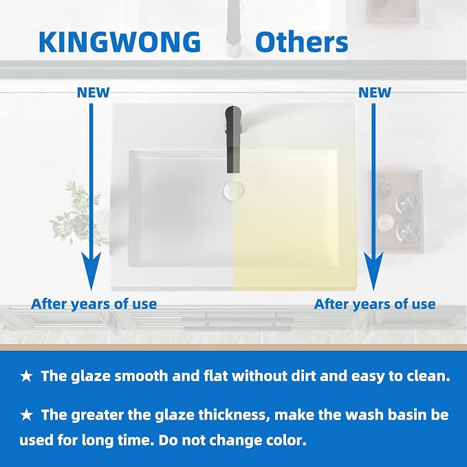 KINGWONG 24" x 18.3" Rectangular Ceramic Vessel Sink, White Bathroom Sink Above Counter, No Overflow Single Hole Basin for Vanity Top, High Temp Fired Porcelain, Stain Resistant Glossy Easy to Clean