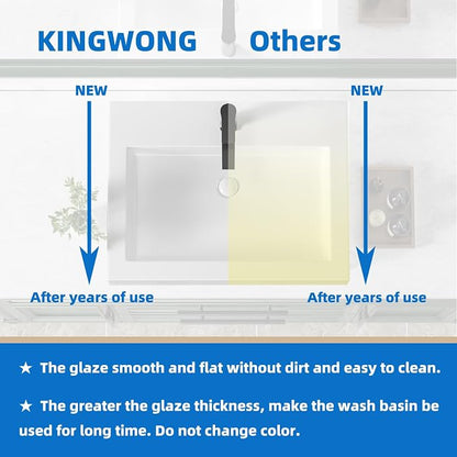 KINGWONG 24" x 18.3" Rectangular Ceramic Vessel Sink, White Bathroom Sink Above Counter, No Overflow Single Hole Basin for Vanity Top, High Temp Fired Porcelain, Stain Resistant Glossy Easy to Clean