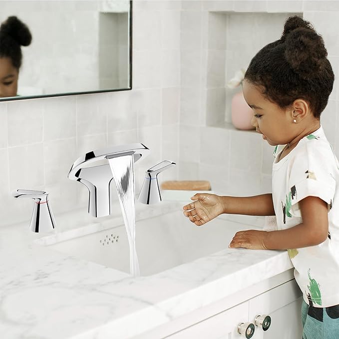 Bathroom Faucets for Sink 3 Hole, Bezeit 8 Inch Widespread Bathroom Faucet with Waterfall Spout, Solid Brass Chrome Faucet with 2 Handles and Water Supply Hoses