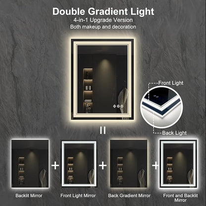 LED Bathroom Mirror, 24x32 Inch Vanity Mirror with Lights | Gradient Front and Backlit Bathroom Mirror with Lights, 3 Colors Dimmable CRI>90, IP54 Enhanced Anti-Fog, Hanging Plates