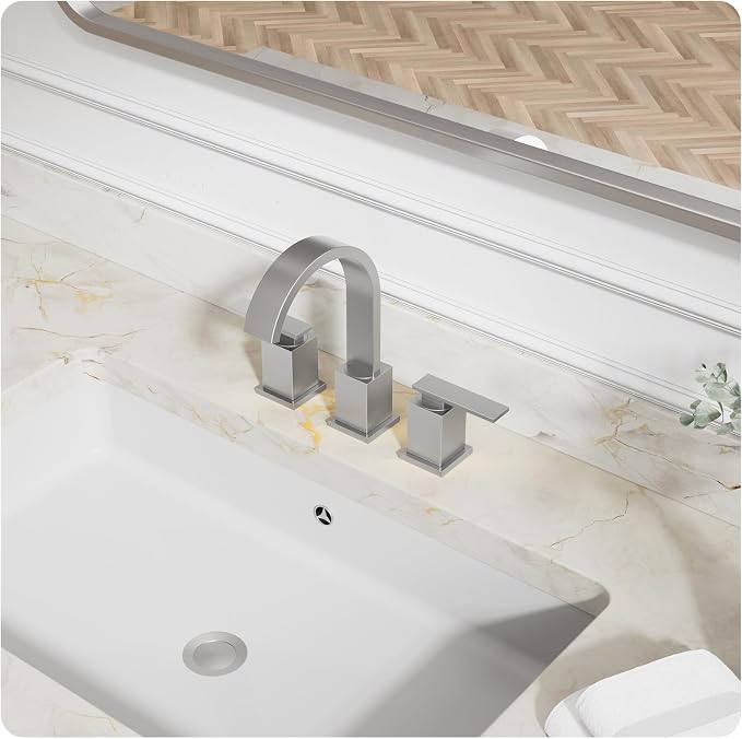 Brushed Nickel 3 Hole Bathroom Faucet 8 Inch Waterfall Vanity Faucet, Bathroom Sink Faucet with Pop Up Drain and Water Supply Line, WF011-BN