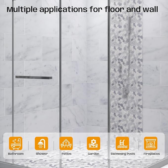 Grey Pebble Bathroom Shower Tile 12x12 in Pebble Mosaic Floor 5 SqFt | Slip-resistant Pebble Floor Tile for Bathroom, Shower, Kitchen Walls & Outdoor Areas, Mesh-Backed Easy to Install