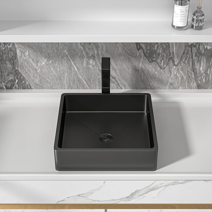15"x15" Bathroom Vessel Sink Square - Gunmetal Black NANO-PVD, 16 Gauge 304 Stainless Steel, Above Counter Vanity Lavatory Art Bath Sink Basin