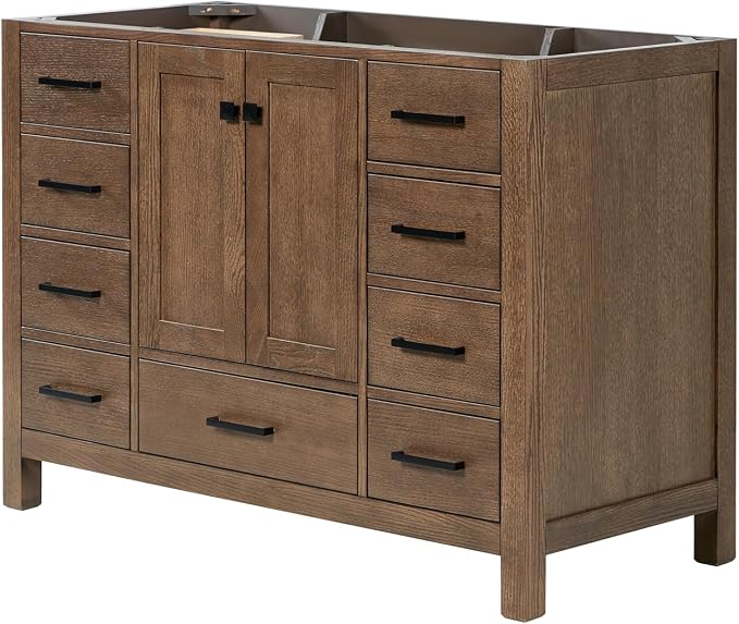 ARIEL Cambridge 48-inch Bathroom Vanity Base Cabinet,Solid Wood, 2 Soft Closing Doors, 9 Dovetail Drawers, Brown Oak
