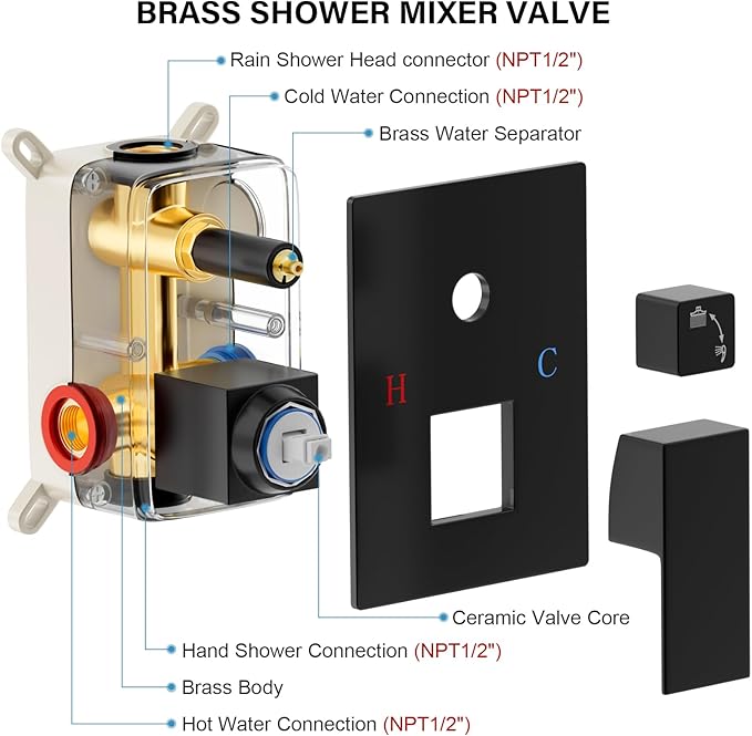 FPXRNG Shower Faucet Set Rainfall Shower System with Square Shower Head and Handle Set Rough-in Valve and Metal Trim Kit Included Matte Black 10 Inch Wall Mounted Shower Fixtures