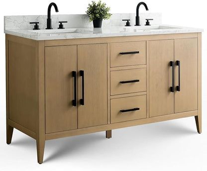 Vanity Art 60 inch Bathroom Vanity with Double Sink & Ceramic Top, Vanity Cabinet with Soft-Closing Doors, Drawers, Solid Wood Frame, Natural Oak, VVA9060-DNO-MB1