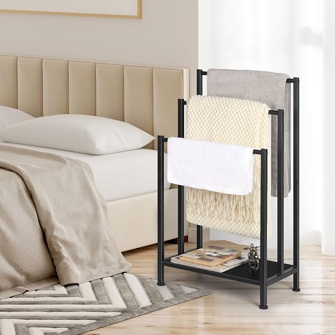 Freestanding Towel Rack, 3 Tier Metal Towel Rack, Black | Towel Racks for Bathroom, Blanket Rack Stand for Bedroom, Bath Towel Holder Stand, Floor Towel Holder with Wooden Storage