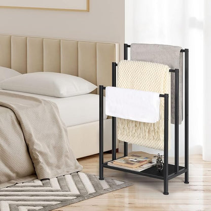 Freestanding Towel Rack, 3 Tier Metal Towel Rack, Black | Towel Racks for Bathroom, Blanket Rack Stand for Bedroom, Bath Towel Holder Stand, Floor Towel Holder with Wooden Storage
