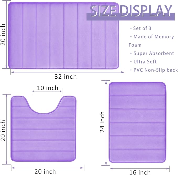 RUN HELIX Lavender Bathroom Rug Set 3 Pieces Ultra Soft, Striped Non Slip Memory Foam Toilet Mat, Absorbent Plush Shaggy Bath Mats for Bathroom, Bedroom, Kitchen