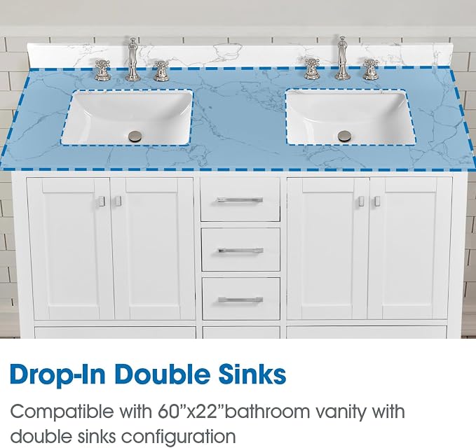 60 Inch Engineered Stone Bathroom Vanity Sink Top, with Undermount Rectangular Double Sinks, Vanity Countertop with 8 inch Faucet Hole Spacing and Backsplash in Lightning White