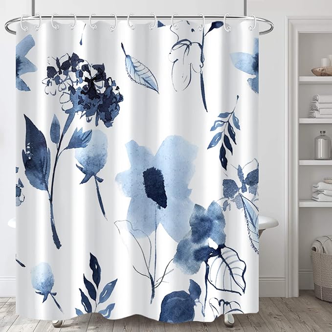 AWERT Blue Floral Watercolor Ink Flowers Shower Curtain With Hooks - Waterproof Fabric for Bathroom Decor 72x78inch
