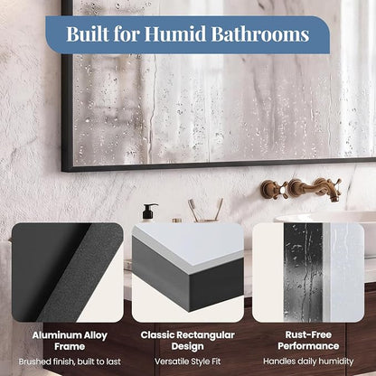 NEWBULIG Bathroom Wall Mirror, Vanity Mirror, 30x36 Inch | Rectangle Metal Frame, Tempered Glass, Over Sink Entryway, Living Room Hang, Anti-Rust, Black