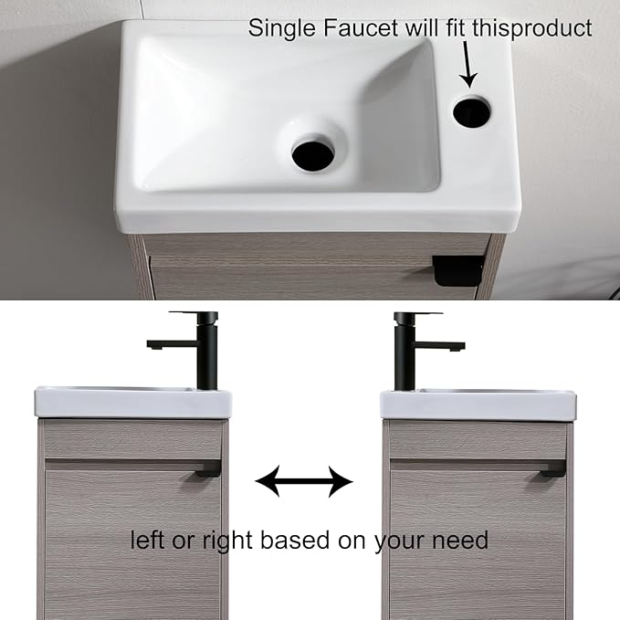 16 Inch Bathroom Vanity with Sink Combo, Wall Mounted Cabinet Set with 1 Door and White Ceramic Basin Sink Top, Forest Oak Floating Bathroom Vanity for Small Space