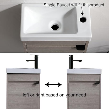 16 Inch Bathroom Vanity with Sink Combo, Wall Mounted Cabinet Set with 1 Door and White Ceramic Basin Sink Top, Forest Oak Floating Bathroom Vanity for Small Space