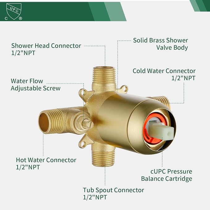 L829-3 Brushed Gold Shower Faucet Set - Complete Dual Shower Head & Handheld Combo, Tub Spout & Trim Kit