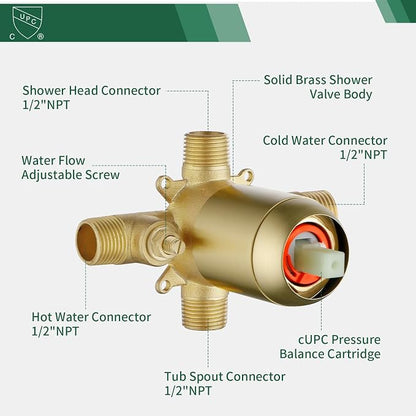 L829-3 Brushed Gold Shower Faucet Set - Complete Dual Shower Head & Handheld Combo, Tub Spout & Trim Kit