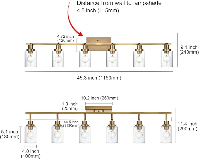 MELUCEE 6 Light Bathroom Vanity Light Fixtures Multi-Directional Rotating Track Lighting Kit Brass, Ceiling Spotlight Fixture for Kitchen Foyer Bath, Clear Glass Shade