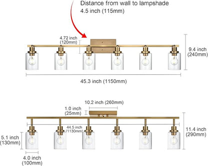 MELUCEE 6 Light Bathroom Vanity Light Fixtures Multi-Directional Rotating Track Lighting Kit Brass, Ceiling Spotlight Fixture for Kitchen Foyer Bath, Clear Glass Shade