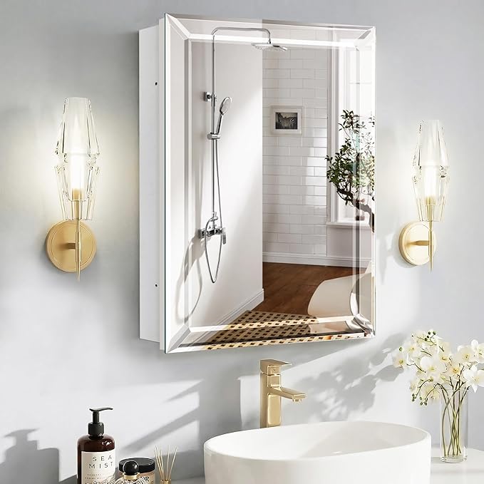 Bathroom Medicine Cabinet with 22x30 Inch Frameless Beveled Edge Mirror, Surface/Recessed Mount Vanity Storage Cabinet for Bathroom/Living Room/Bed Room
