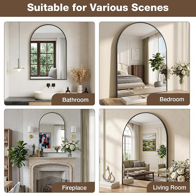 24"x30" Matte Black Arched Vanity Bathroom Mirror, Set of 2 | Aluminum Alloy Frame, Clear Reflection, Rust-Resistant, Vertical or Horizontal, Wall Mount, Bedroom and Entryway