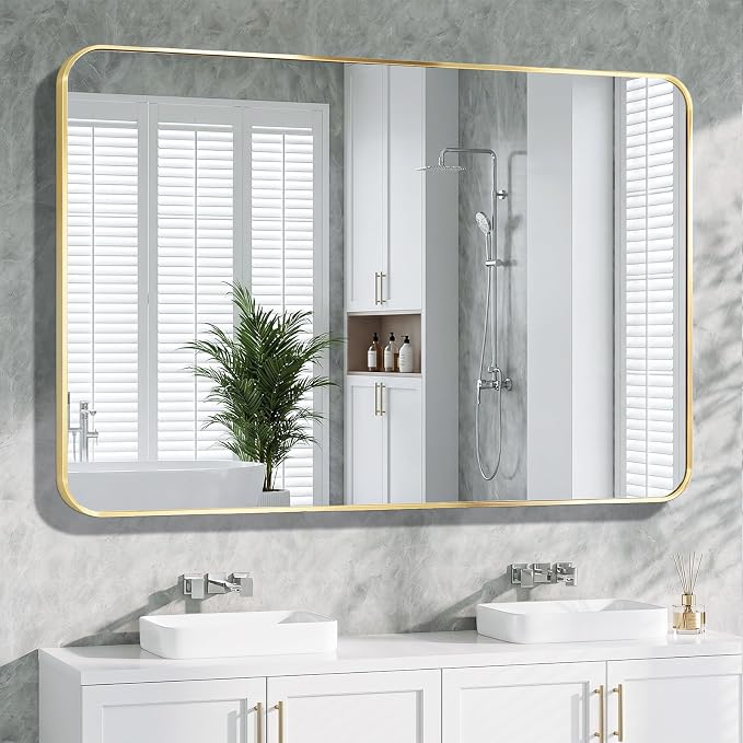 Bathroom Mirror for Wall, 30"x55" Black Bathroom Mirror for Over Sink, Shatterproof Tempered Glass Vanity Mirror with Anti-Rust Aluminum Alloy Frame, Hang Horizontally or Vertically, Gold