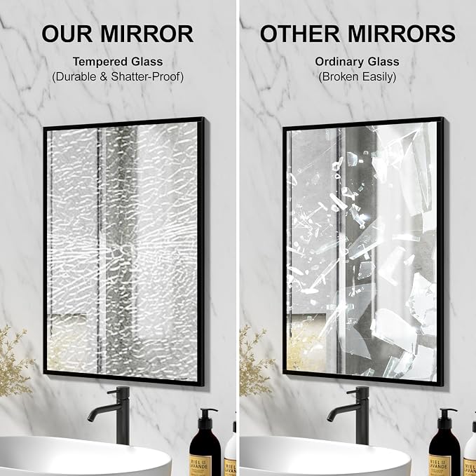 Rectangular Wall Mirror, Black Aluminum Frame, 20x28 Inches, Modern Style, Tempered Glass, Wall Mount for Bathroom Bedroom Living Room