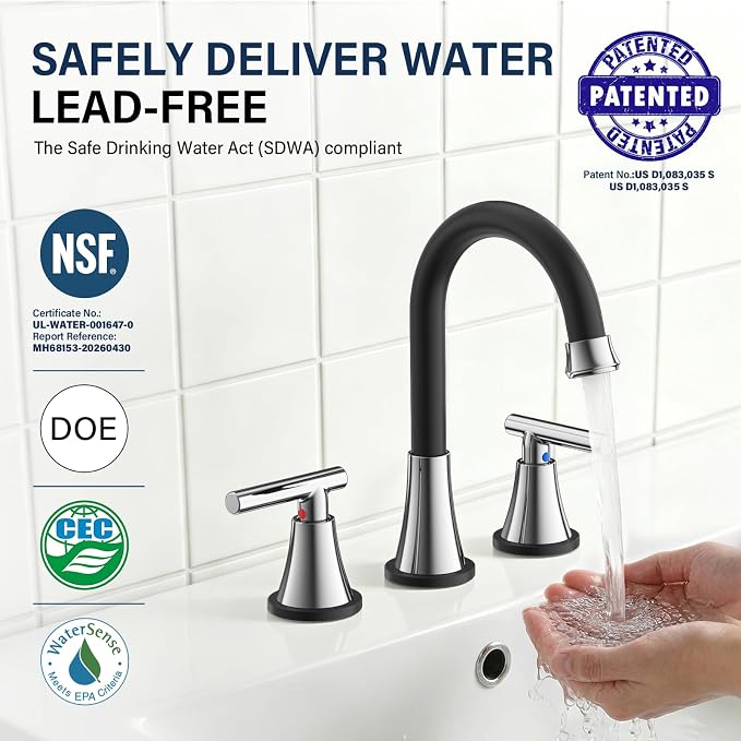 Bathroom Faucet 3 Hole, Black& Chrome Faucets with Drain and Supply Lines | Hurran Stainless Steel Lead-Free Widespread Bathroom Sink Faucet for Vanity RV Restroom Laundry Outdoor Utility Sink