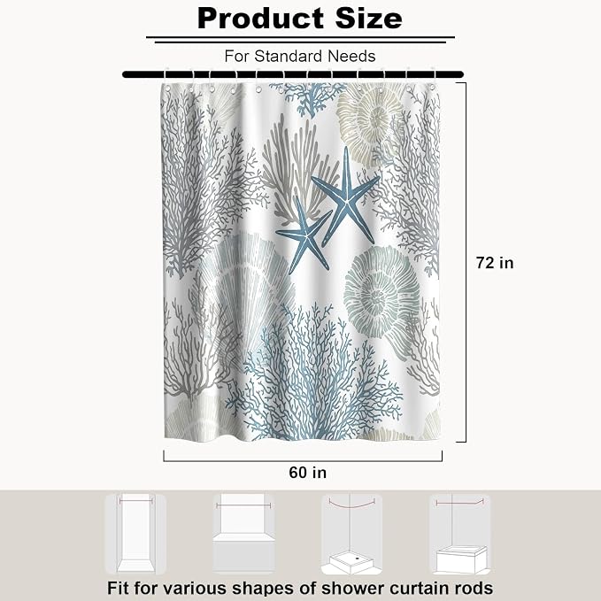 Cute Kids Ocean Shower Curtain Modern Luxury Nautical Tropical Seashell | Summer Shower Curtains for Bathroom, Waterproof Bath Curtain with Hooks Machine Washable Bathtub Curtains 60x72 Inch Blue