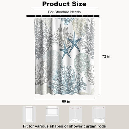 Cute Kids Ocean Shower Curtain Modern Luxury Nautical Tropical Seashell | Summer Shower Curtains for Bathroom, Waterproof Bath Curtain with Hooks Machine Washable Bathtub Curtains 60x72 Inch Blue