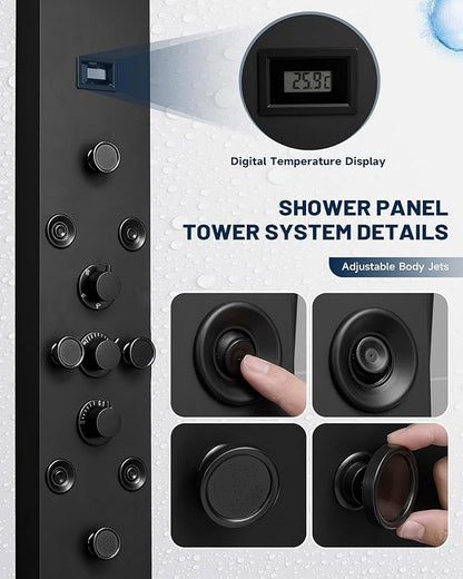 Homevacious 5 IN 1 Shower Panel Stainless Steel Shower Tower Panel System Matte Black Rainfall Waterfall Shower Head with Handheld Shower Massage Body Jets with Tub Spout Shower System
