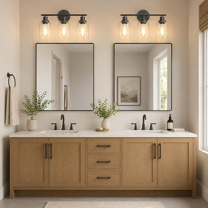 Unicozin 2 Pack Modern Bathroom Light Fixtures, 3 Light Vanity Lights, Black Wall Lamp with Clear Glass for Bathroom, Mirror, Living Room, Bedroom, Hallway, E26 Base