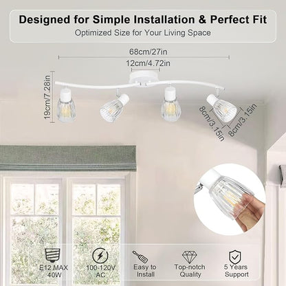 HiBay 4-Light Track Lighting White, Adjustable Modern Ceiling Light Fixture | with Glass Shades, Flush Mount Ceiling Wall Spotlight Indoor for Bathroom, Kitchen, Living Room, E12 Base, No Bulbs