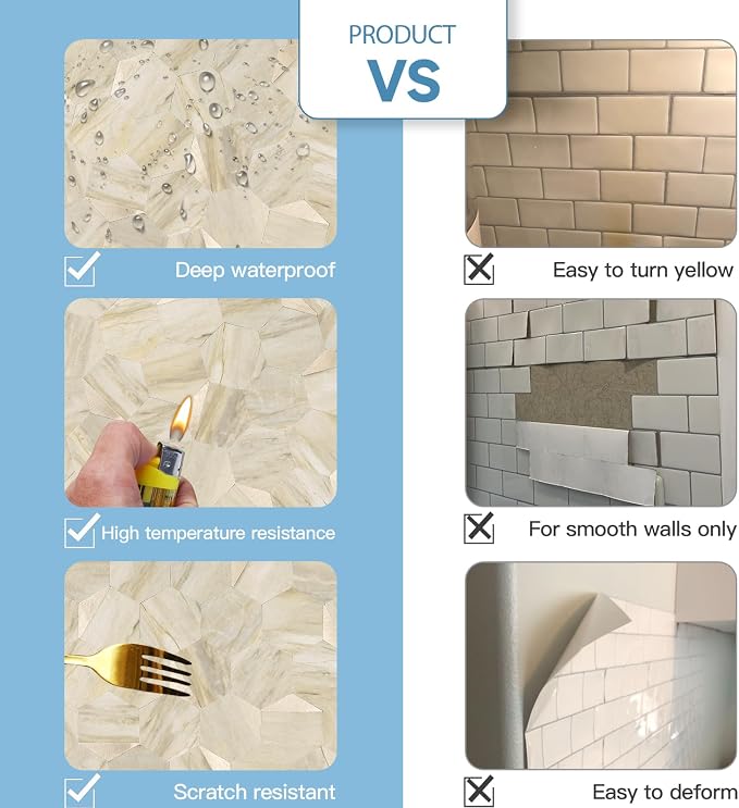 10-Sheet Heavy-Duty Hexagon Peel and Stick Backsplash, Thick Waterproof &Heat Resistant Stick on Wall Tiles, Slate Beige Mosaic for Kitchen & Bathroom, Strong Adhesive Permanent PVC Tiles