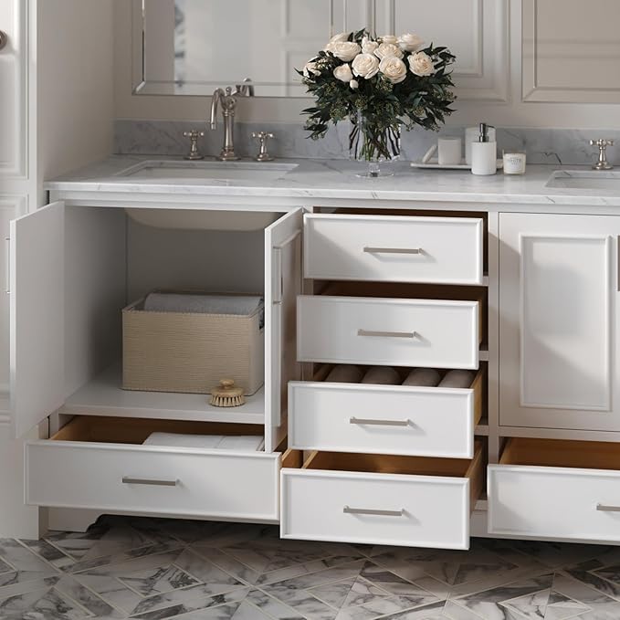 ARIEL Stafford 72-inch Bathroom Vanity with Sink,Solid Wood, 0.75-inch Italian Carrara Marble Countertop, Double Rectangular Porcelain Sink, 4 Soft Closing Doors, 6 Dovetail Drawers, White