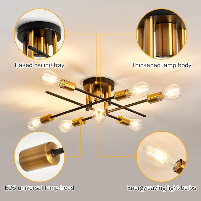 UOFUS 7-Light Semi Flush Mount Ceiling Light Fixture Matte with E26 Base Modern Black and Gold Chandelier Mid Century Modern Ceiling Lamp for Farmhouse Kitchen Dining Room Bedroom Living Room Bathroom