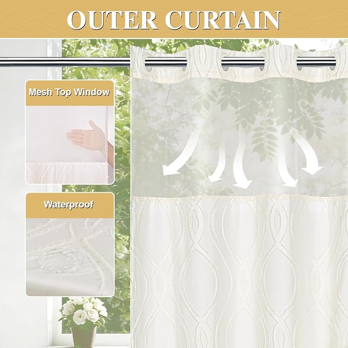 Yinhua No Hook Shower Curtain with Snap in Liner Set, 71" W×86" L, Beige | Hotel Style, See Through Top Window, Washable Waterproof, Tufted, Extra Long Hookless Curtain for Bathroom Bathtub