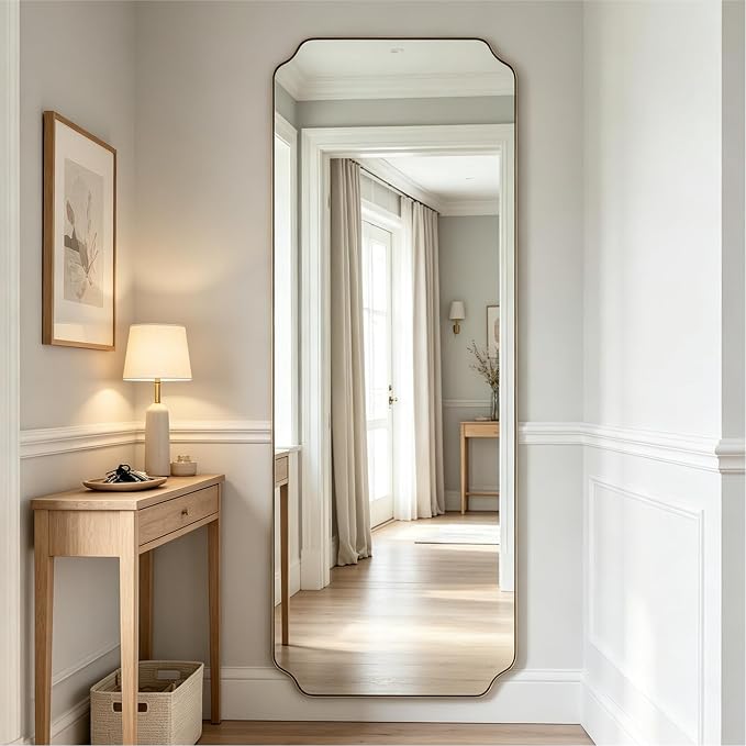 24" x 65" Brushed Gold Full Length Mirror for Wall | Rustproof Stainless Steel Frame, Antique Italian Curved Design, Wall Mount or Leaning for Bedroom, Living Room, Cloakroom