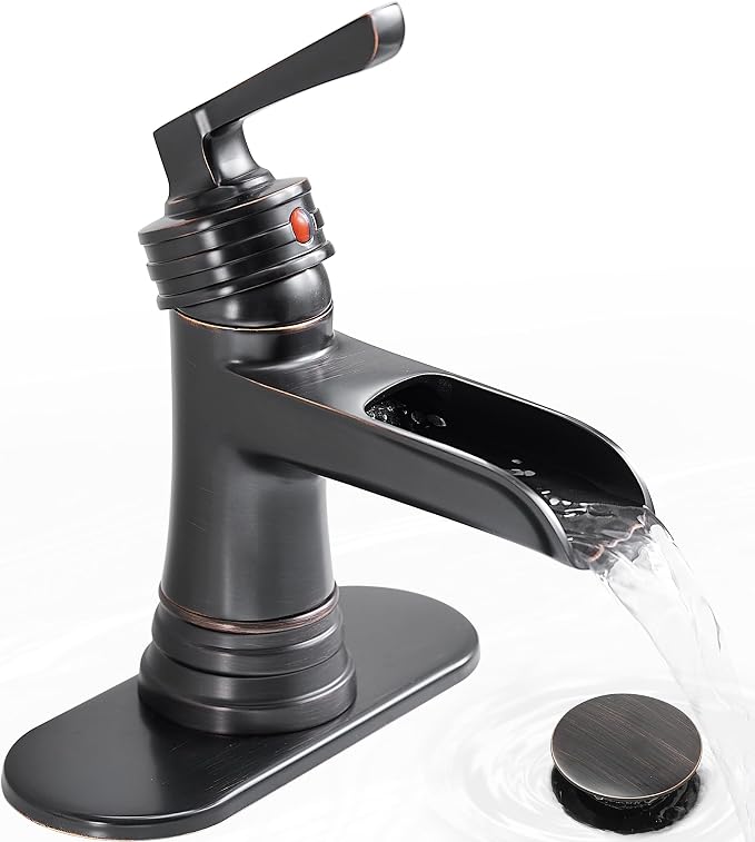 Brass Oil Rubbed Bronze Bathroom Faucet Waterfall Bathroom Sink Faucet 1 Hole or 4 Inch 3 Hole, Single Handle with Deck Plate, Pop-up Drain, cUPC Supply Lines for Vanity, 5 Mins Quick Install