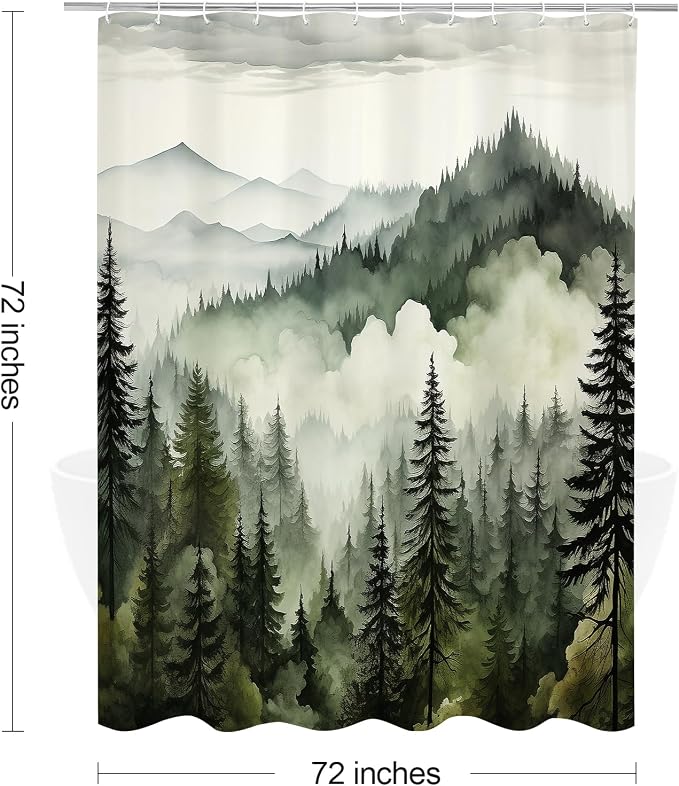 Litabel Dark Green Misty Pine Forest Shower Curtain, Mountain Foggy Woodland Scenery Tree Shower Curtains for Chic Rustic Bathroom, Abstract Modern Waterproof Nature-Themed Decor, 72x72 Inches