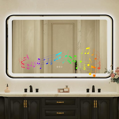 32x55 Inch Black Framed LED Bathroom Mirror with Lights, Built-in Bluetooth Speaker,Tempered Glass,Dimmable Lighted Bathroom Vanity Mirror with 3 Colors, Backlit + Frontlit, Memory, Anti-Fog