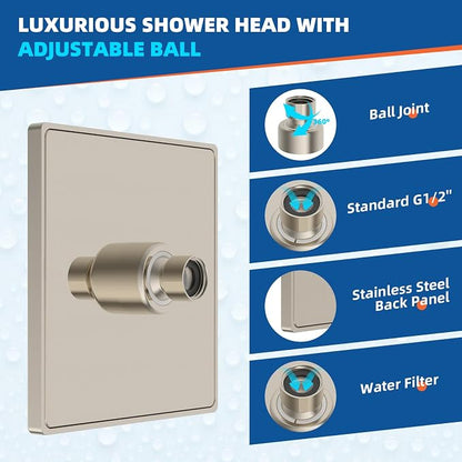 Hibbent cUPC Certified Thickness Metal 6'' Rain Shower Head, Brushed Nickel | High Pressure Shower Head, Bathroom Waterfall Shower Heads, High Flow Fixed Showerheads with Adjustable Brass Ball Joint
