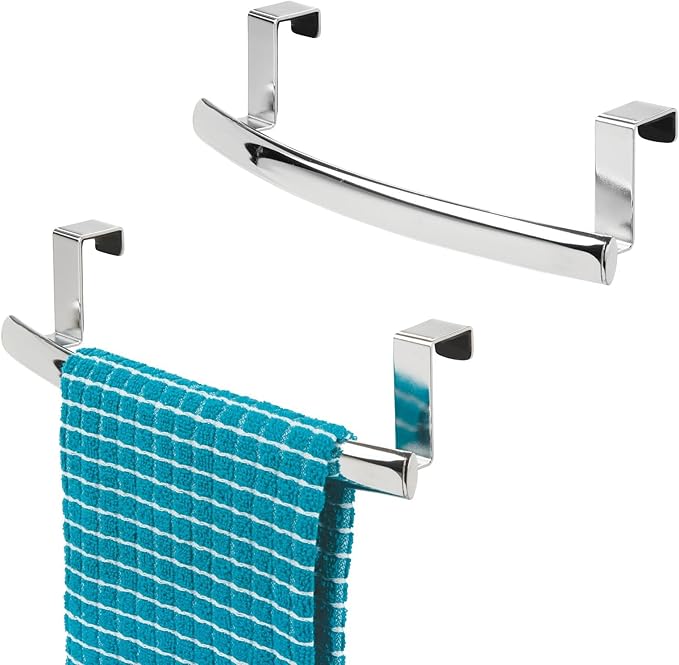 mDesign Steel Over Door Curved Towel Bar Storage, Hanger for Cabinet or Cupboard, Holder Rack for Kitchen, Bathroom - Holds Hand/Dish Towels, Washcloths - Spira Collection - 2 Pack - Chrome
