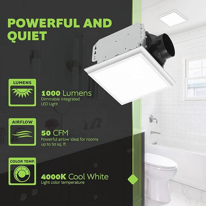 Homewerks 7141-50-G4 Bathroom Fan Integrated LED Light Ceiling Mount Exhaust Ventilation Ultra Quiet 0.7 Sones 50 CFM, White