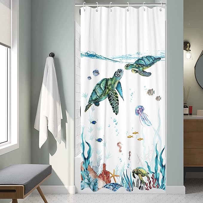 Fowocu Sea Turtle Stall Shower Curtain Teal Blue Ocean Waterproof Fabric Shower Curtains for Bathroom with Funny Animal Octopus Starfish Anchor Fish Nautical Bath Curtain Decor (Teal, 36''×72'')
