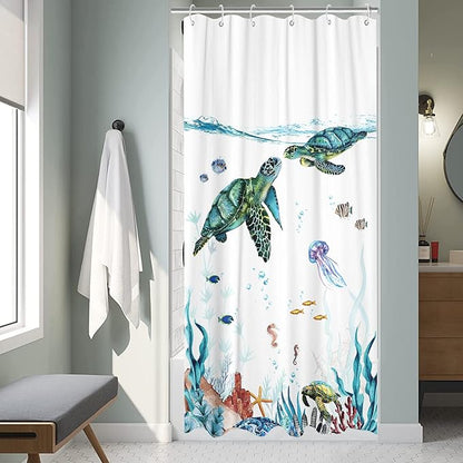 Fowocu Sea Turtle Stall Shower Curtain Teal Blue Ocean Waterproof Fabric Shower Curtains for Bathroom with Funny Animal Octopus Starfish Anchor Fish Nautical Bath Curtain Decor (Teal, 36''×72'')