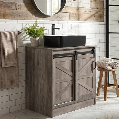 30" Barn Door Bathroom Vanity, Farmhouse Style Standing Pedestal Cabinet with Black and White Ceramic Vessel Sink