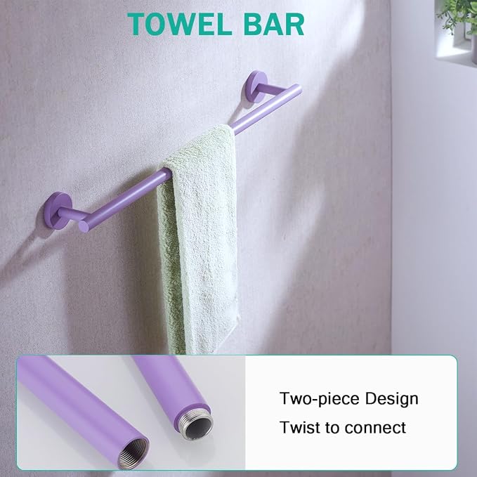 Bathroom Hardware Set,Purple 5 Pieces Bathroom Towel Bar Set,24 inch Towel Bar,Towel Ring for Bathroom,Robe Towel Hooks,Toilet Paper Holder Wall Mounted(Drilling),SE96006S-5PP