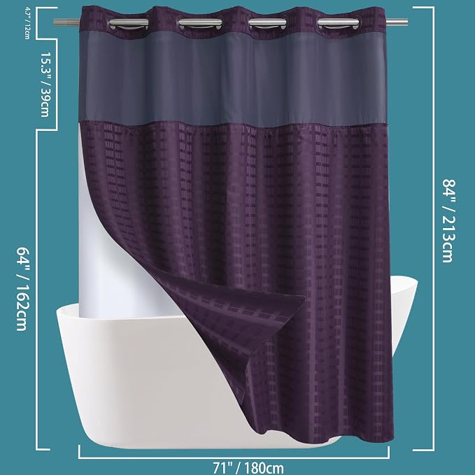 Conbo Mio Extra Long No Hook Shower Curtain with Snap in Liner Set, Hotel Luxury Purple Shower Curtains for Bathroom with See Through Top Window, Waterproof, Washable 71W x 84H